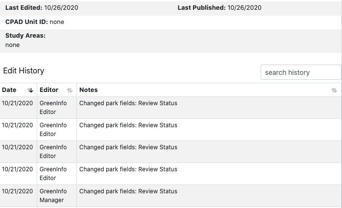 edit history panel with search field