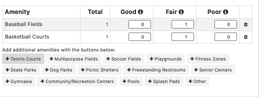 amenities table with the button for tennis courts highlighted