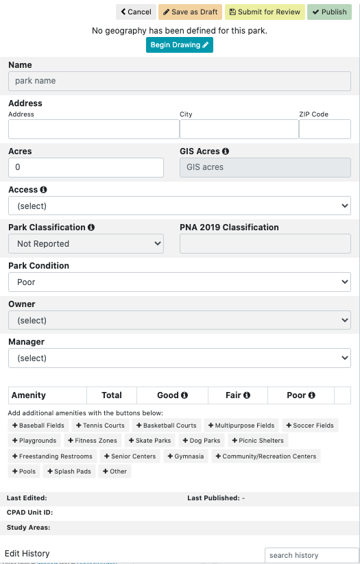 editing panel for making a new park