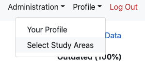 menu with Select Study Areas option