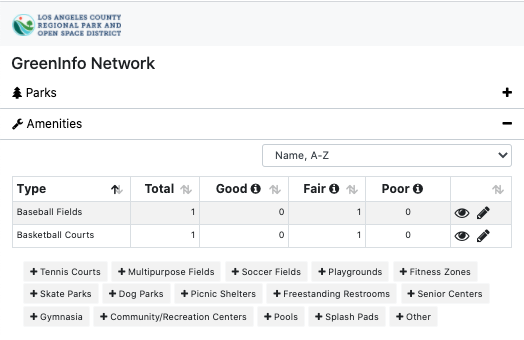 Amenities panel open with Baseball Fields and Basketball Courts present